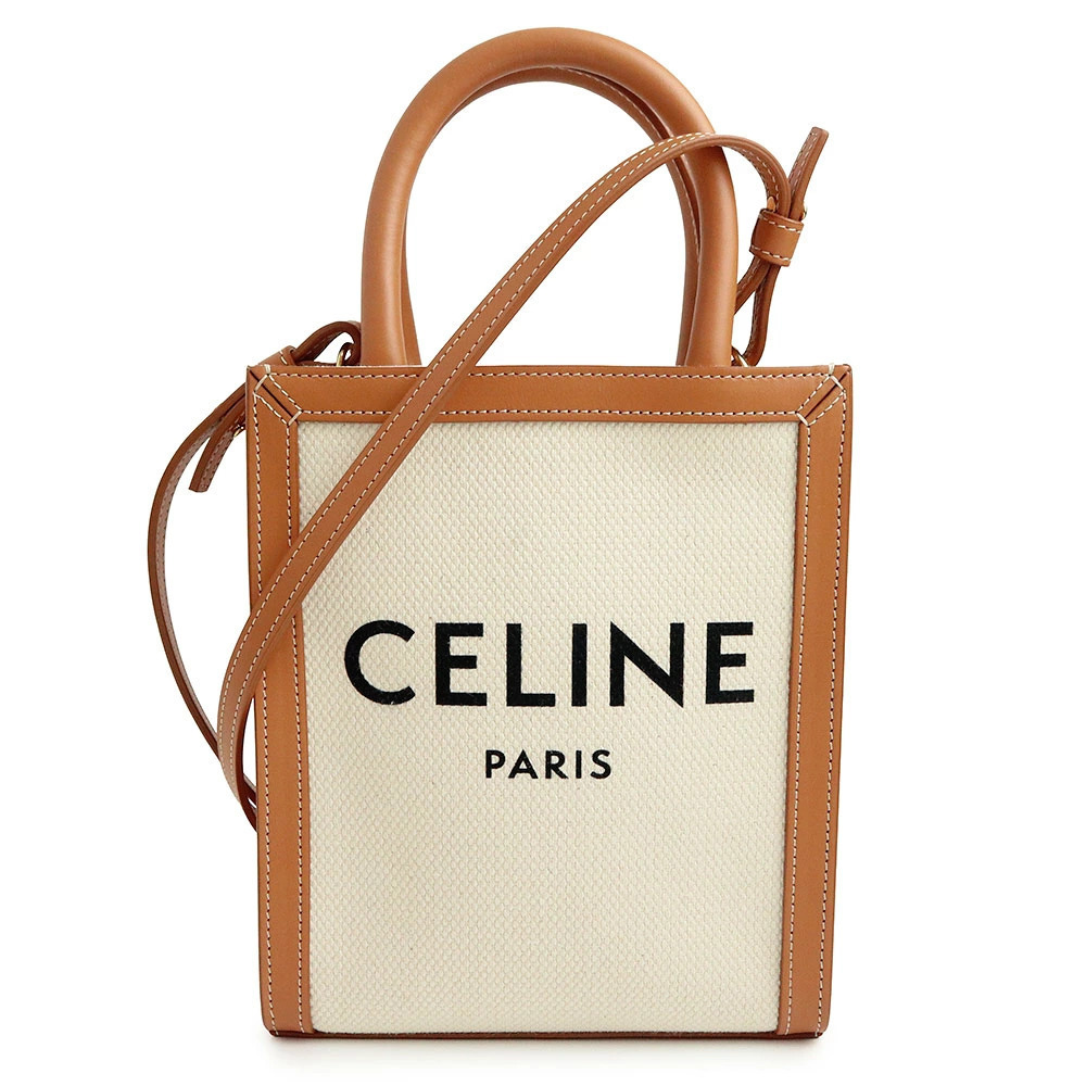 Celine Vertical Cabas Canvas Calfskin Tan Brown 2way Crossbody Leather